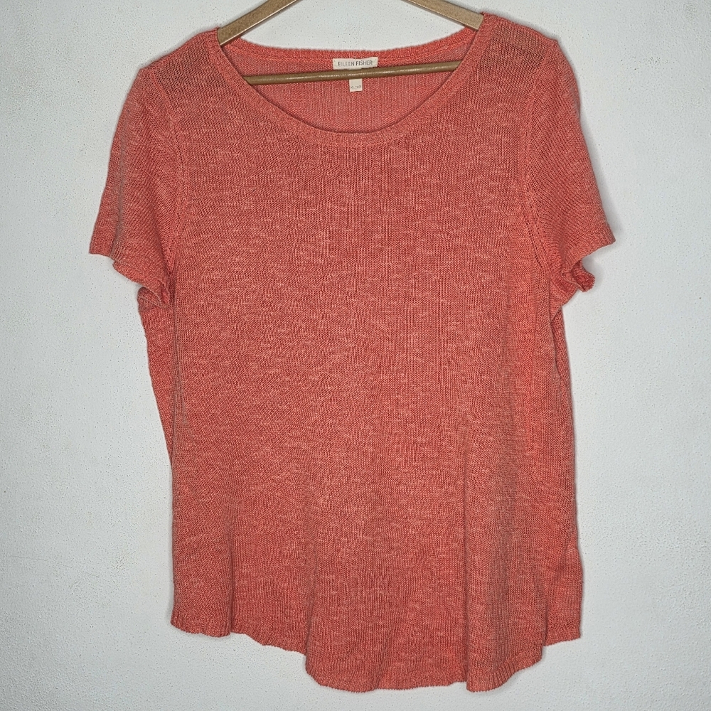EILEEN FISHER Sweater XL Organic Linen Cotton Slub Crewneck Short Sleeve Salmon